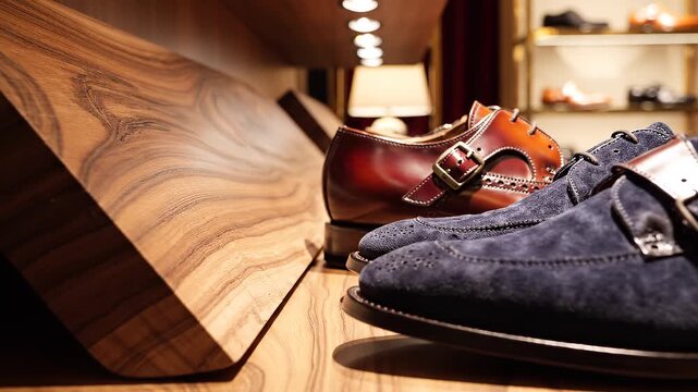 Luxury Leather and Suede Men's Shoes on Wooden Boutique Shelf