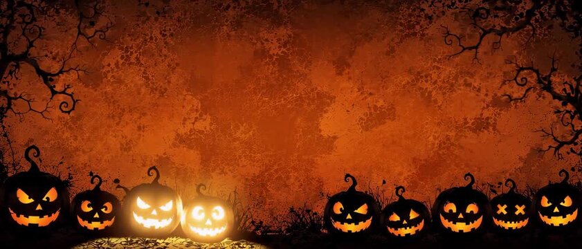 Spooky Halloween Background with Glowing Jack O Lantern Pumpkins and Twisted Trees, Haunted Autumn Scene, Dark and Orange Holiday Design, Seasonal Banner, Panoramic Video