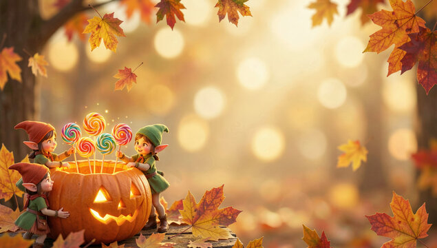 Whimsical Halloween background with tiny elves in pumpkin and copy space