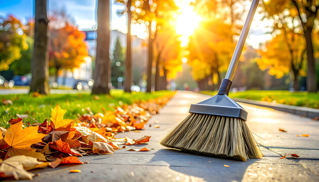 Broom sweeping leaves on sidewalk.