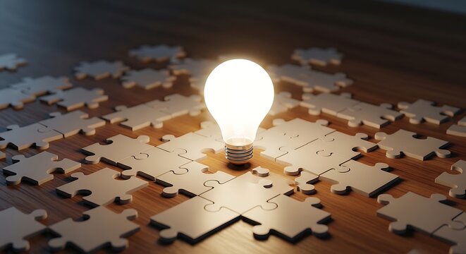 Illuminated Light Bulb on Puzzle Piece.