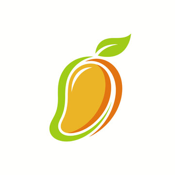 This colorful and modern mango illustration conveys freshness and sweetness, emphasizing organic shapes and vibrant hues of orange, green, and yellow in an appealing design.