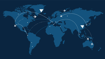 Global aviation network map with flight trajectories world map airplane trajectory aviation connection logistics © Rubel
