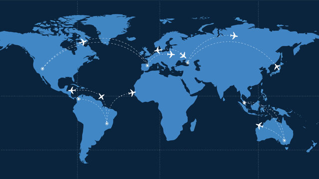 Blue world map with connecting global airplane flight routes airplane aviation connection logistics transport