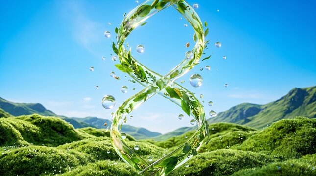 Abstract infinite formed by splashing water and green tea leaves over lush tea plantation