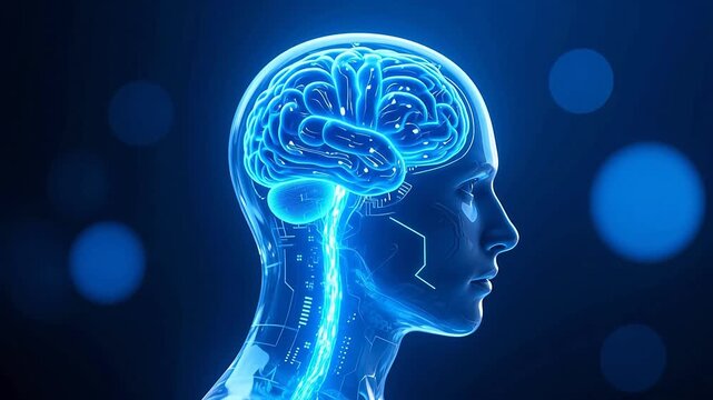Glowing blue translucent human brain structure