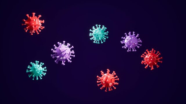 Colorful virus particles on dark blue background. 3d rendering