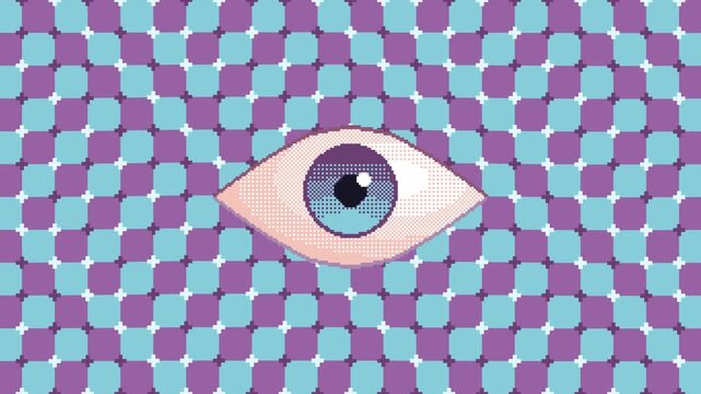 Seamless loop animation of a blinking eye centered in a hypnotic, colorful geometric pattern. Pixel art style with optical illusion effect and surreal atmosphere