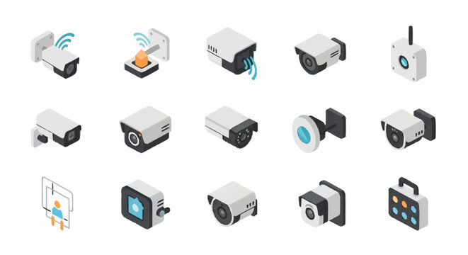 Flat icon set of modern security cameras and surveillance equipment.