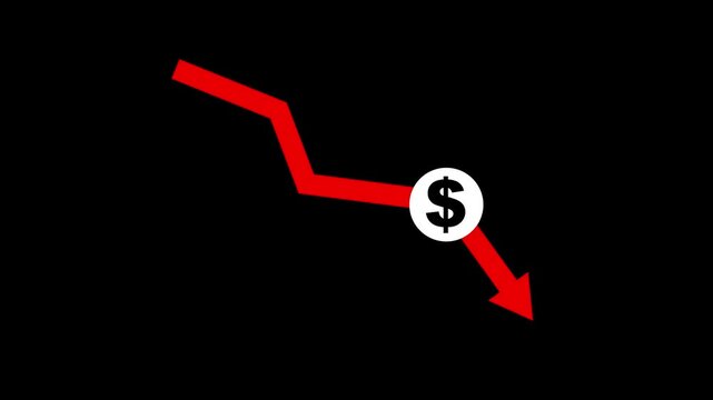 coin and arrow pointing down, concept of financial crisis. Economy decrease and recession. Money symbol with down arrow, Lower cost icon, 4k video animation