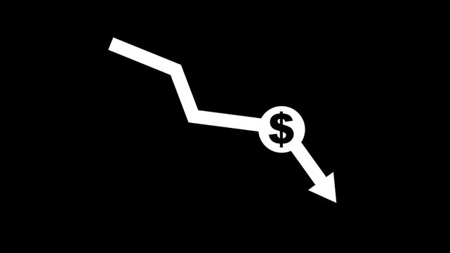 coin and arrow pointing down, concept of financial crisis. Economy decrease and recession. Money symbol w animation