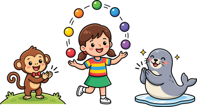 Girl Juggling Balls With Animals Cartoon Vector Clipart
