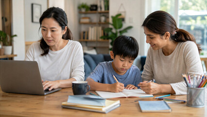 Fototapeta premium Working Single Mother at Home While Community Caregiver Helps Son with Homework