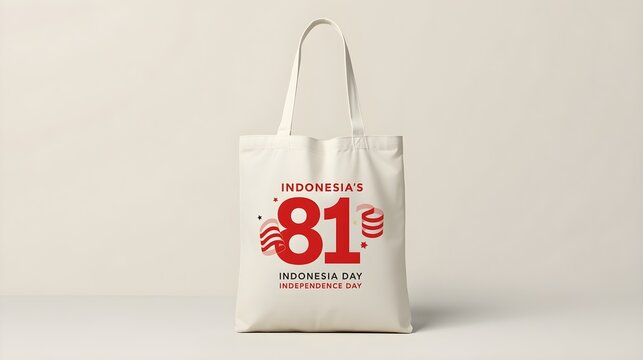 Canvas Tote Bag Mockup with Indonesia 81st Independence Day Red Ribbon Typography Design