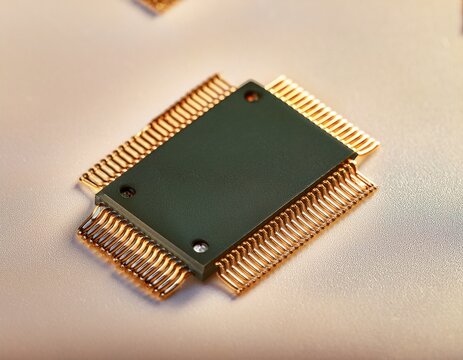 close up of electronic components with gold pins on a light colored surface