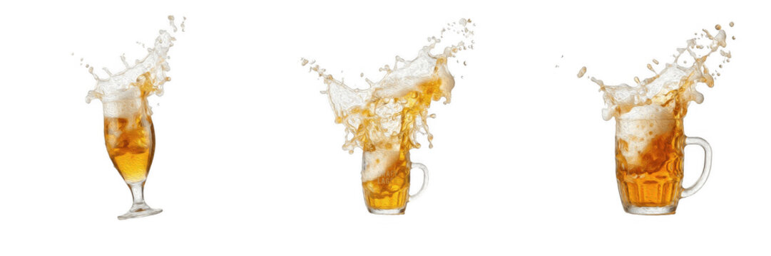 Dynamic Beer Splashes With Flying Droplets And Foam Overflowing From Glasses And Mugs Isolated On Transparent Background PNG Clipart Set, Pub Drinks, Alcoholic Beverages Celebration Design Elements