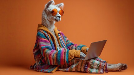 Naklejka premium a stylish llama wearing sunglasses and a cozy sweater works on a laptop against a vibrant orange background