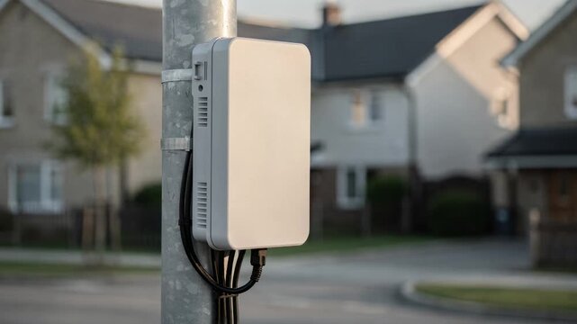 Closeup medium shot focusing on a 5G compact radio unit and antenna on a streetlight in a quiet residential block soft house outlines blurred behind.