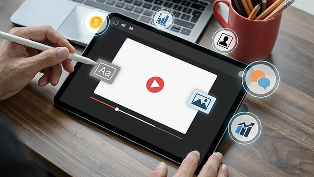 Professional Digital Content Creation Workflow Featuring Video Editing Interface on Tablet with Interactive Multimedia Control Icons