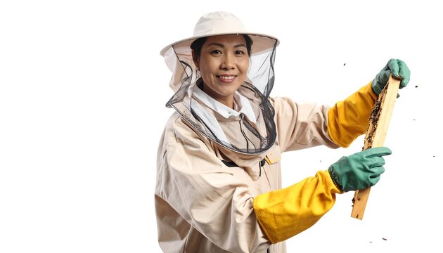 An Asian woman, smiling and holding a honeycomb frame, wears beekeeping protective gear on a white background