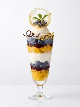 Gourmet blueberry and mango parfait in tall glass, luxury fruit sundae with vanilla ice cream, elegant layered dessert with spun sugar nest