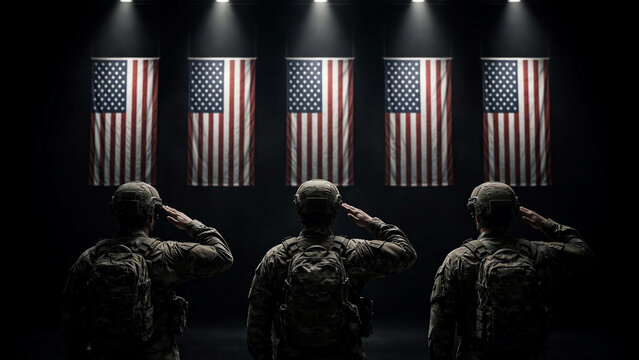 Three soldiers in tactical gear saluting five hanging American flags, dramatic cinematic studio lighting, concept for military honor, national pride and veterans day memorial