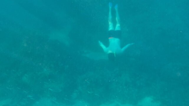 Man diving underwater, exploring the ocean floor with fins and snorkel in clear blue water, enjoying a tranquil marine adventure