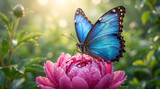 Blue Morpho Butterfly Resting on Pink Peony Flower with Dew Drops in Sunlight, Beautiful Nature Macro