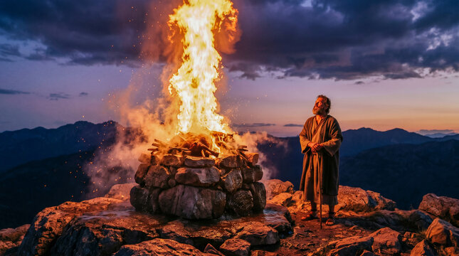 The prophet Elijah calling down intense fire from heaven onto an altar of stones covered in water on Mount Carmel. Epic faith concept
