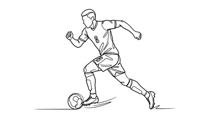 Fototapeta premium Line art drawing of a soccer player dribbling a football with dynamic motion on a clean white background.