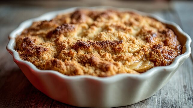 Warm apple crumble dessert in a white ceramic dish, showcasing a rustic homemade treat with golden-brown topping