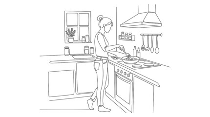 Fototapeta premium A detailed line drawing of a woman cooking in a kitchen, stirring food in a pan on the stove.