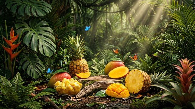 Fresh tropical fruits pineapple and mangoes arrangement in lush jungle setting with tropical fruit