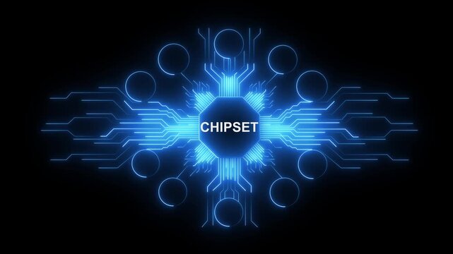 Futuristic Glowing Blue Chipset Animation with Digital Circuit Board, AI Processor, High Tech Network, Neon Technology Background Motion Graphics