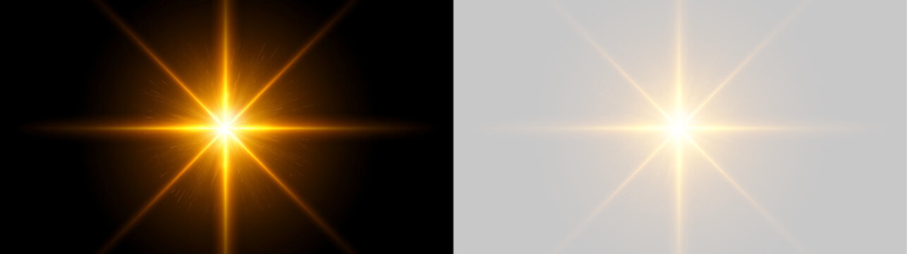 輝く星の光とレンズフレアPNG、透明背景に放射する明るい光芒、白い発光と美しいスパークルを表現した高品質な特殊効果素材、写真編集、広告、バナー、ポスター、ゲーム、映像制作、デジタルアートに使える幻想的なスターバーストオーバーレイ