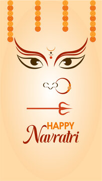 Happy Navratri greeting banner design with Goddess Durga eyes, trisula, marigold garlands, and traditional elements vector background.