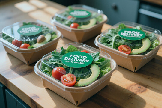 Close up of packaged organic salad bowls displaying delivery labels, promoting healthy meal prep and local food service. Supporting restaurant marketing, grocery delivery, ecommerce ads