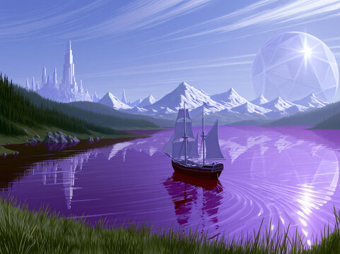 れい　Purple Lake シーグラスアート／天然石／紫／湖 Purple Lake