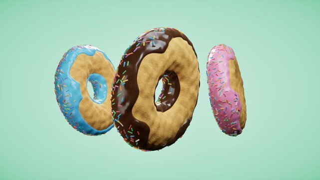 Colorful donuts with sprinkles on green background. 3d rendering