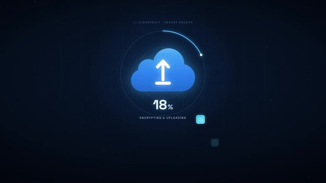 Cloud backup upload animation with circular progress ring filling to one hundred percent complete