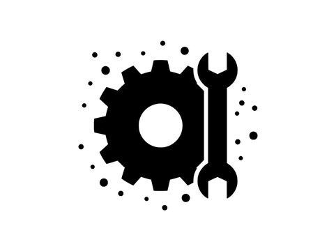 Industrial gear and wrench icon, mechanical repair and maintenance symbol, black silhouette engineering logo for technical support and service