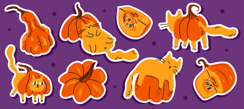 Sticker set with ginger cats and pumpkins. Cute autumn background. Vector illustration collection for fall seasonal design