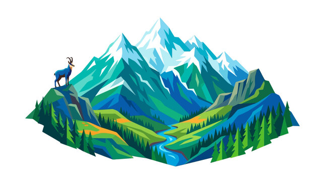 A vibrant artistic illustration of a majestic mountain range featuring a lone mountain goat standing on a rocky peak.