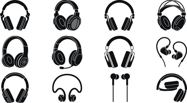 Professional headphones and earphones vector silhouette set.