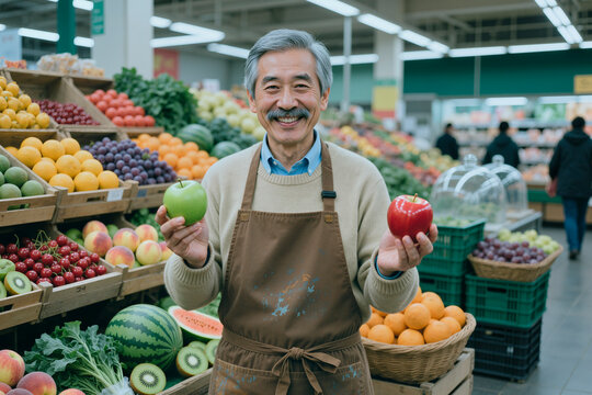 Portrait of Asian senior man holding apples and smiling in grocery produce section, presenting fresh food retail service. Useful for supermarket marketing, healthy eating campaigns