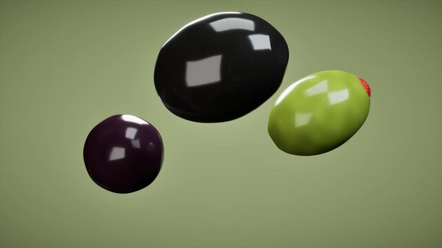 Glossy olives on olive green background. 3d rendering