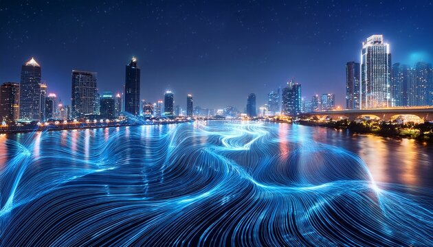 a futuristic city skyline at night with glowing digital waves over a river symbolizing advanced technology and connectivity
