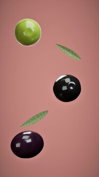 Floating olives and leaves on pink background. 3d rendering