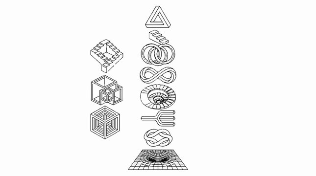A collection of various impossible geometric shapes and optical illusions in black and white line art.