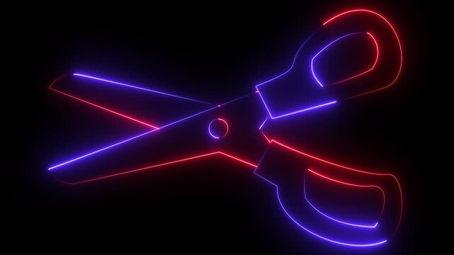 Glowing Neon Scissors Icon Animation on Black Background. 4k video